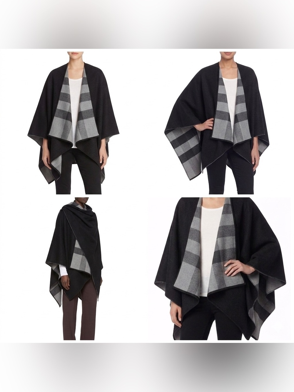 Burberry 100 wool Black & Gray Reversible Cape New